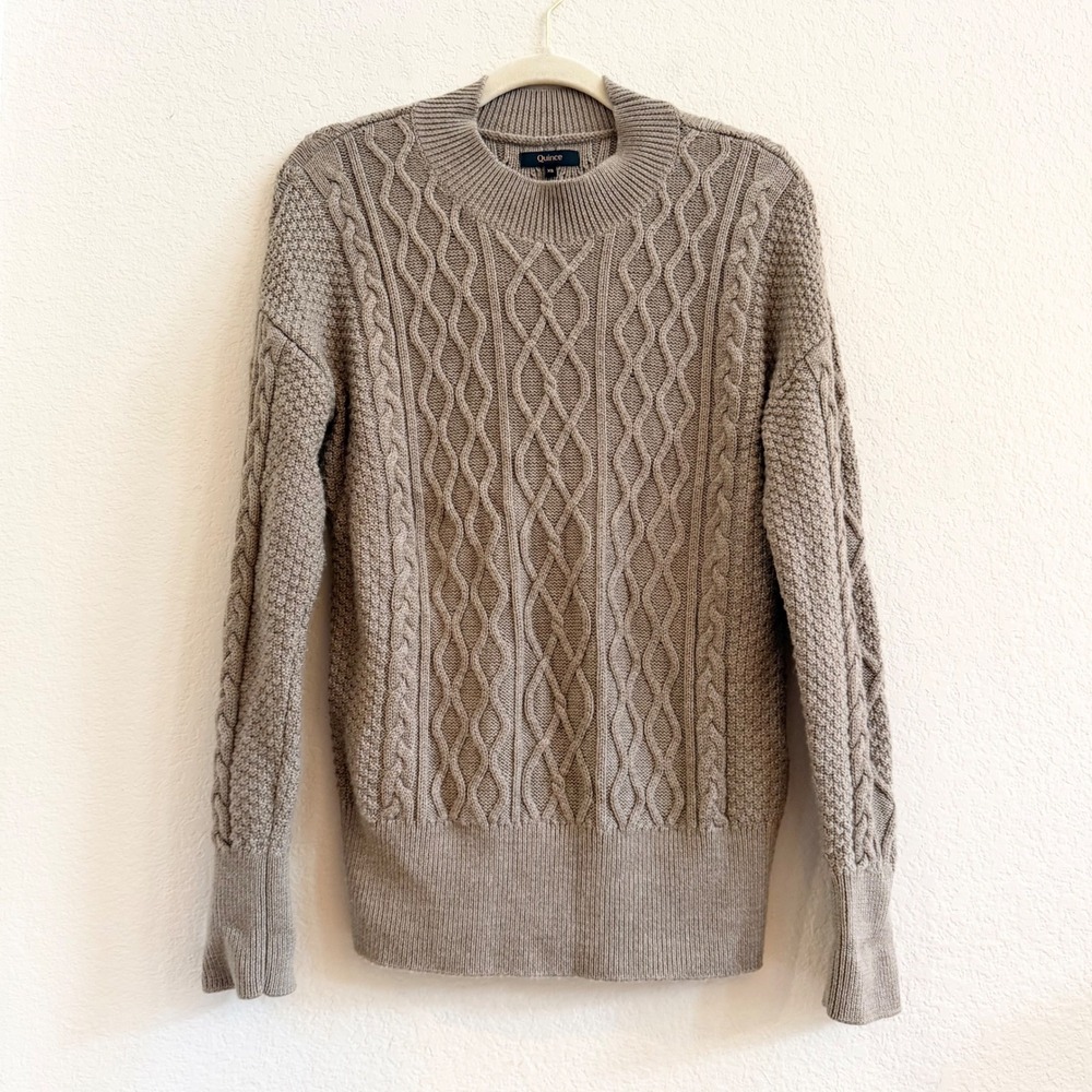 Quince Mens 100% Merino Wool Cable Knit Sweater Taupe Brown XS Fisherman